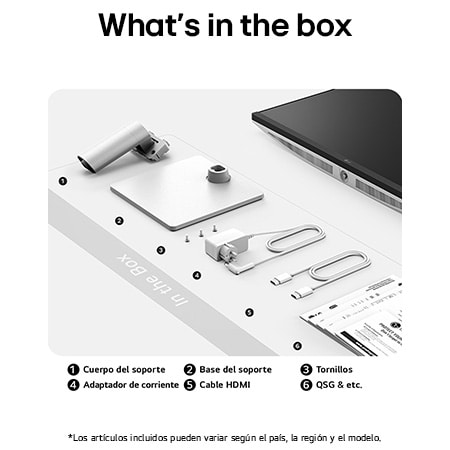 Monitor LG 27US500 mostrando un resumen de todos los componentes de la caja, incluyendo cuerpo del monitor, base, manual, cable HDMI y adaptador de corriente.