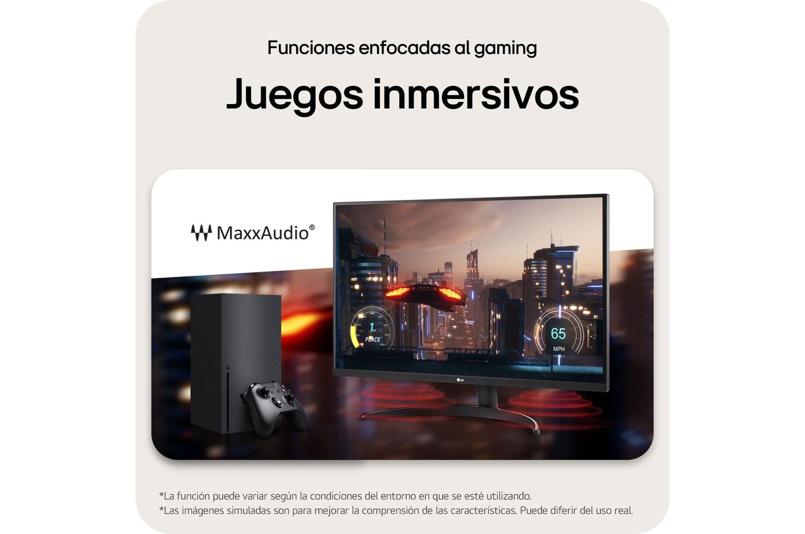 Monitor LG 32UR500K con tecnología MaxxAudio®, que ofrece una experiencia de juego inmersiva con sonido enriquecido en la configuración de juegos de consola.
