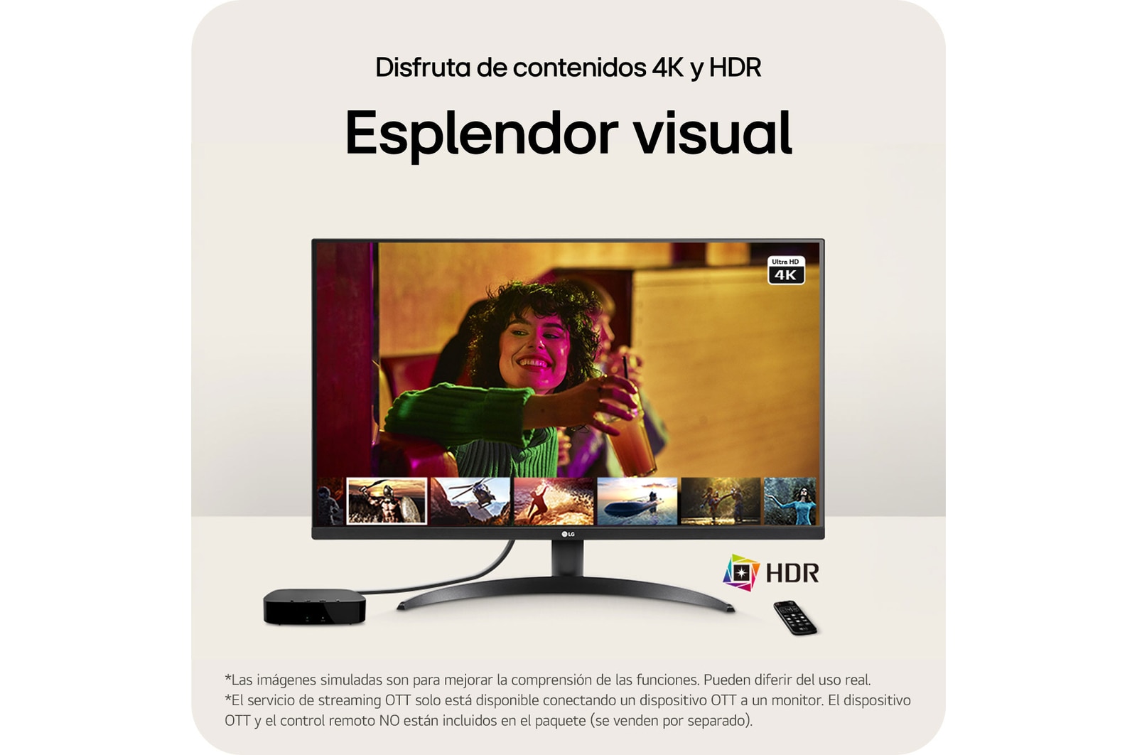 Monitor LG 32UR500K compatible con contenido 4K UHD y HDR, ofreciendo esplendor visual y una experiencia de visualización profunda al conectar dispositivos OTT.