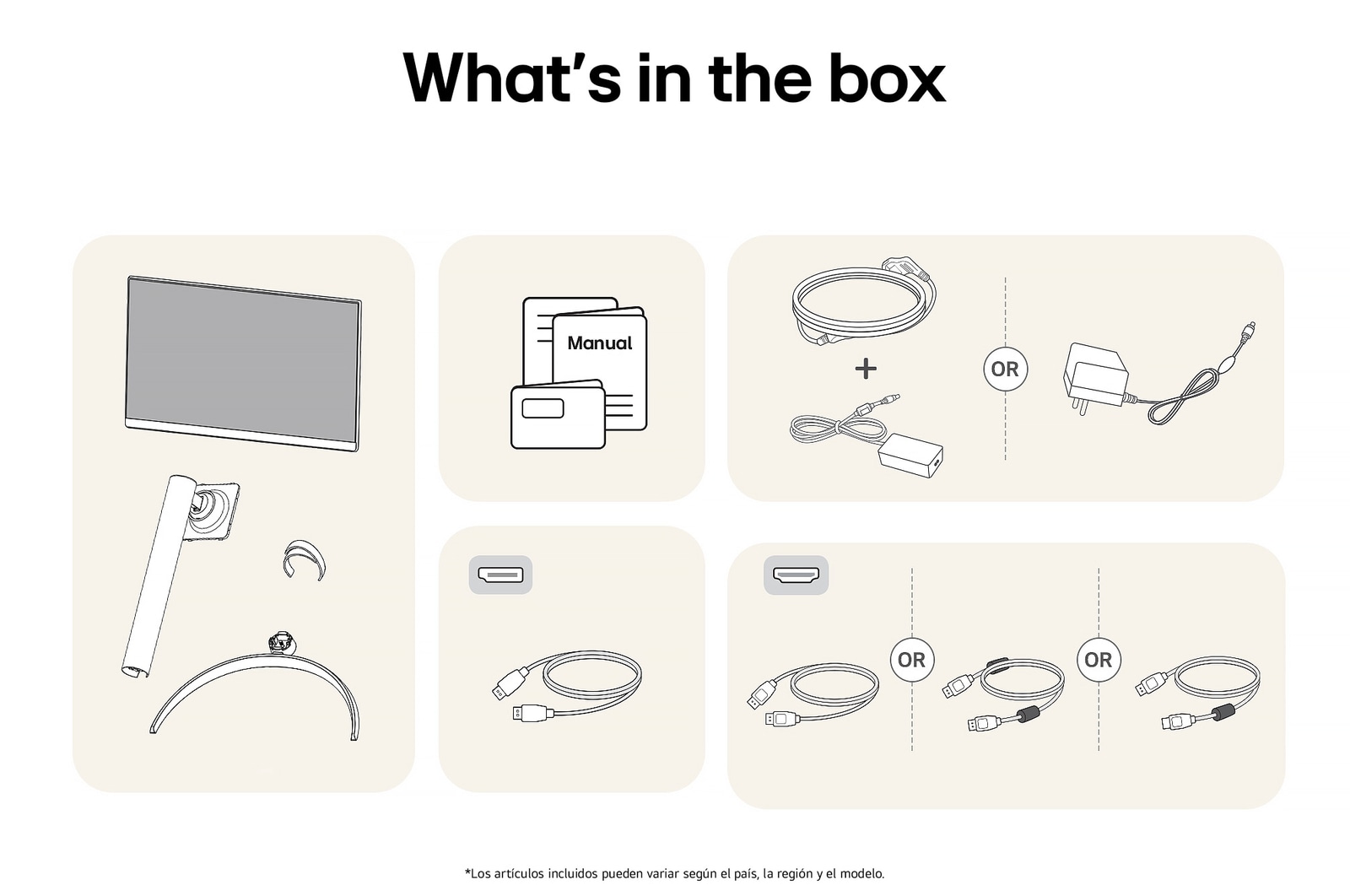 Monitor LG 32UR500K mostrando un resumen de todos los componentes de la caja, incluyendo cuerpo del monitor, base, manual, y cables HDMI y DP.