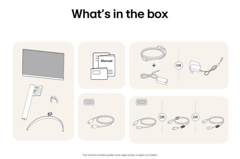 Monitor LG 32UR500K mostrando un resumen de todos los componentes de la caja, incluyendo cuerpo del monitor, base, manual, y cables HDMI y DP.