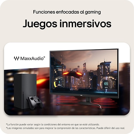 Monitor LG 32UR500K con tecnología MaxxAudio®, que ofrece una experiencia de juego inmersiva con sonido enriquecido en la configuración de juegos de consola.