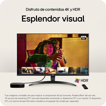 Monitor LG 32UR500K compatible con contenido 4K UHD y HDR, ofreciendo esplendor visual y una experiencia de visualización profunda al conectar dispositivos OTT.
