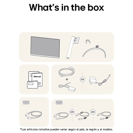 Monitor LG 32UR500K mostrando un resumen de todos los componentes de la caja, incluyendo cuerpo del monitor, base, manual, y cables HDMI y DP.