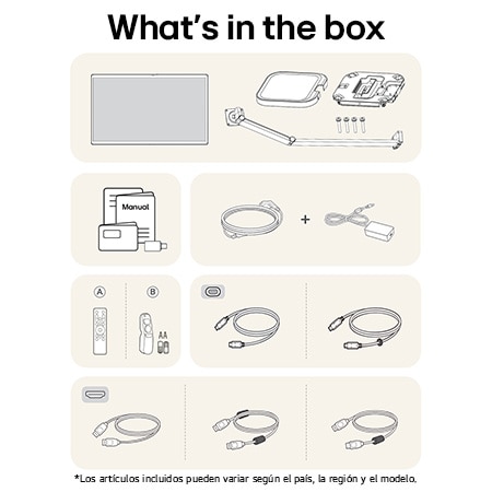 Monitor LG 32U889SA-W mostrando un resumen de todos los componentes incluidos, incluyendo cuerpo del monitor, piezas del soporte ergonómico, manual, control remoto y cables HDMI, DP y USB-C.