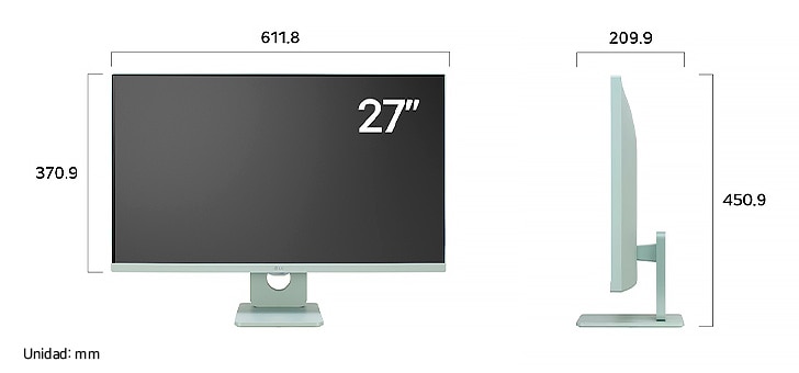 LG Smart Monitor 27SR50F mostrando las dimensiones en vista frontal y lateral, midiendo 611.8 mm de ancho, 370.9 mm de alto de pantalla, 450.9 mm de altura total y 209.9 mm de profundidad.