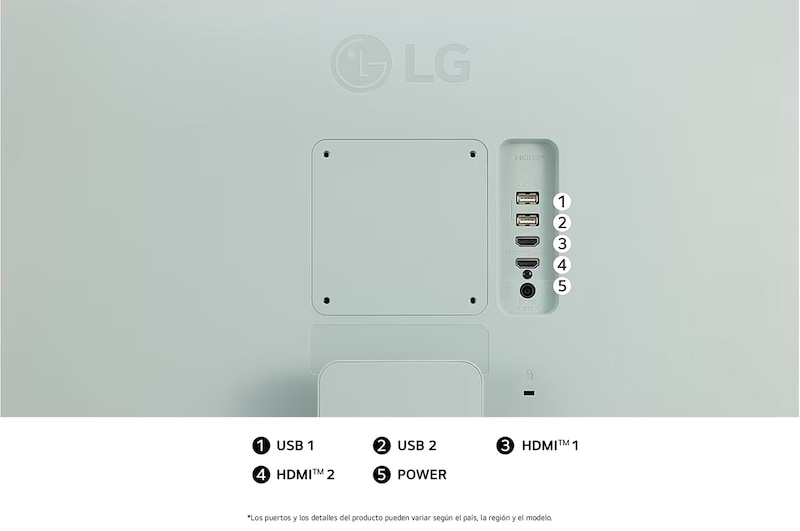Vista trasera del LG Smart Monitor 27SR50F en verde claro, mostrando las ranuras de conexión, incluyendo los puertos HDMI™ duales y los puertos USB.