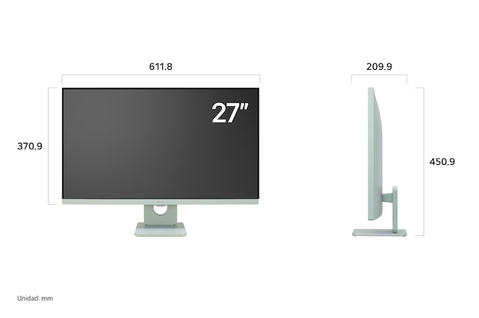 LG Smart Monitor 27SR50F mostrando las dimensiones en vista frontal y lateral, midiendo 611.8 mm de ancho, 370.9 mm de alto de pantalla, 450.9 mm de altura total y 209.9 mm de profundidad.