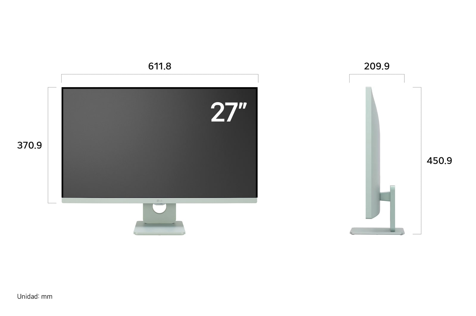 LG Smart Monitor 27SR50F mostrando las dimensiones en vista frontal y lateral, midiendo 611.8 mm de ancho, 370.9 mm de alto de pantalla, 450.9 mm de altura total y 209.9 mm de profundidad.