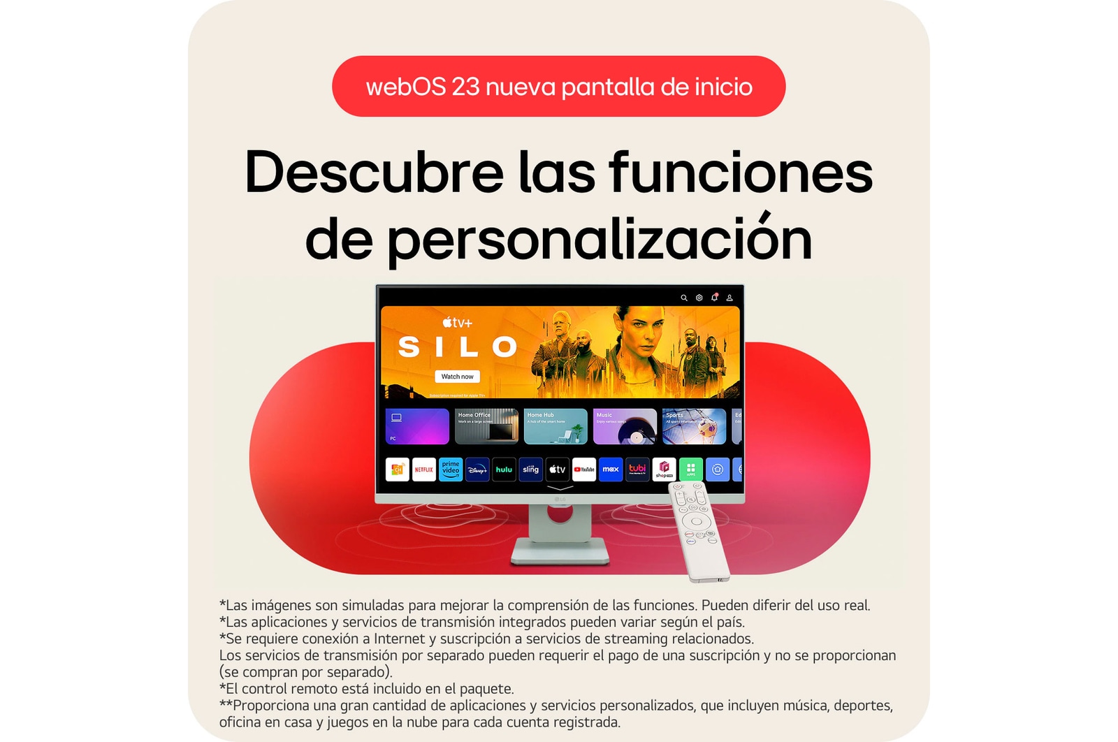 El LG Smart Monitor 27SR50F ejecutando la pantalla de inicio de webOS 23, con funciones de personalización para una fácil navegación de diversas aplicaciones y contenido de streaming.