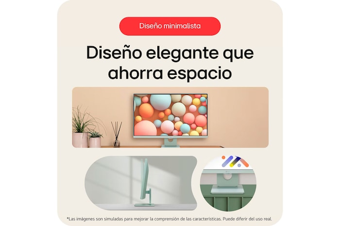 El diseño minimalista del LG Smart Monitor 27SR50F, con su base que ahorra espacio, exhibe un aspecto elegante adecuado para cualquier entorno.