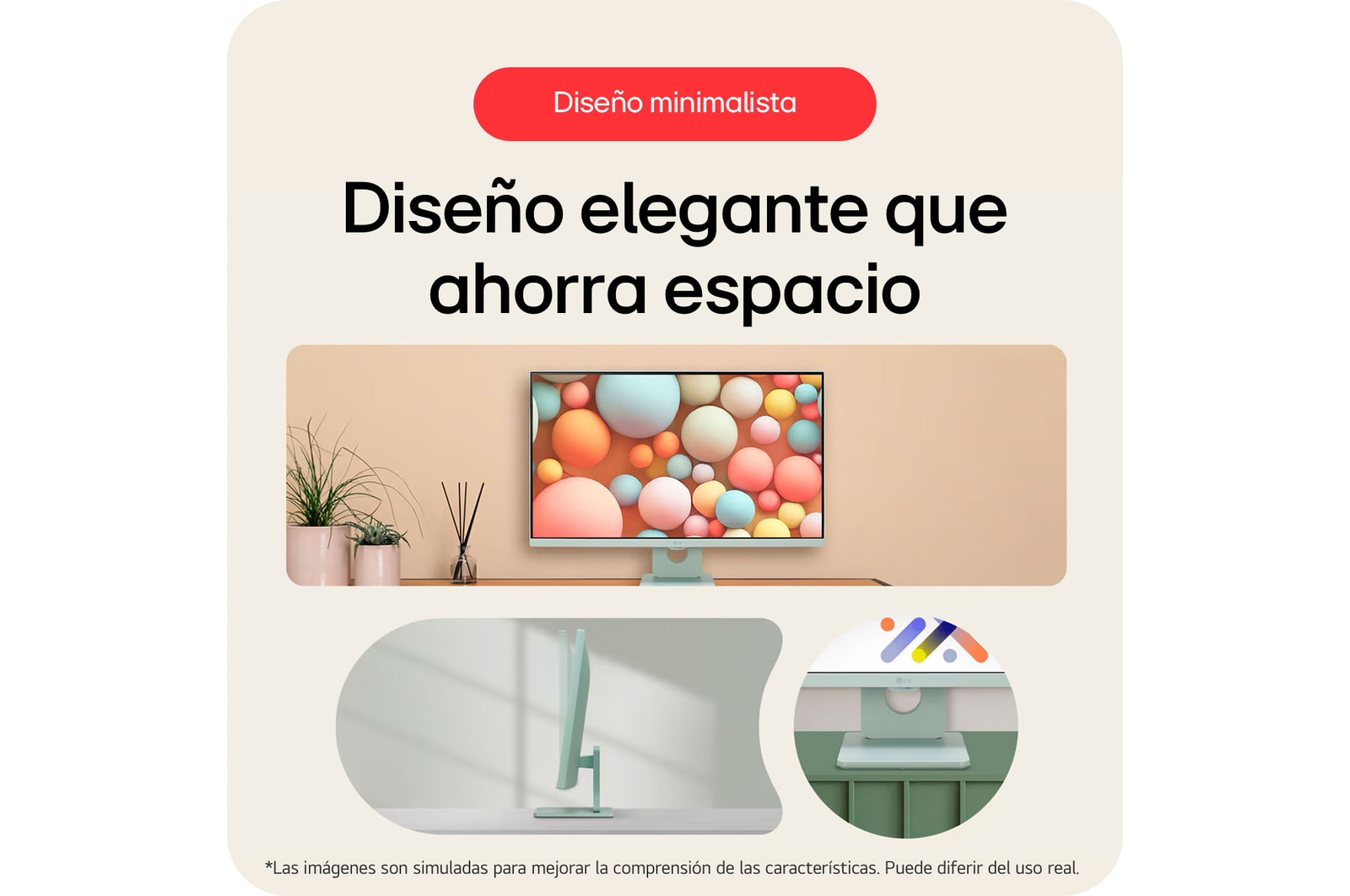 El diseño minimalista del LG Smart Monitor 27SR50F, con su base que ahorra espacio, exhibe un aspecto elegante adecuado para cualquier entorno.