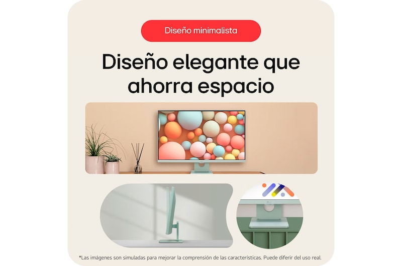 El diseño minimalista del LG Smart Monitor 27SR50F, con su base que ahorra espacio, exhibe un aspecto elegante adecuado para cualquier entorno.