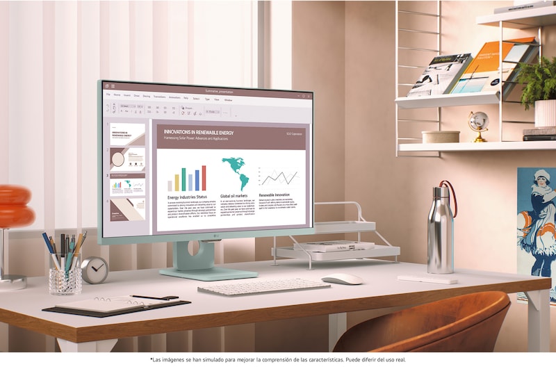El LG Smart Monitor 27SR50F en verde claro se integra perfectamente en un entorno de oficina en casa moderno, mejorando la productividad y ofreciendo una estética elegante.