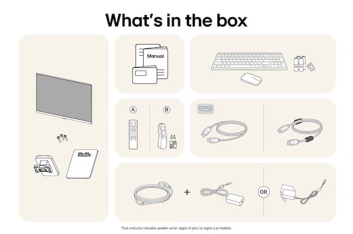 Todos los componentes incluidos con el LG Smart Monitor 27SR50F: Monitor, base, control Magic Remote, teclado, ratón, manual y cables de conexión.