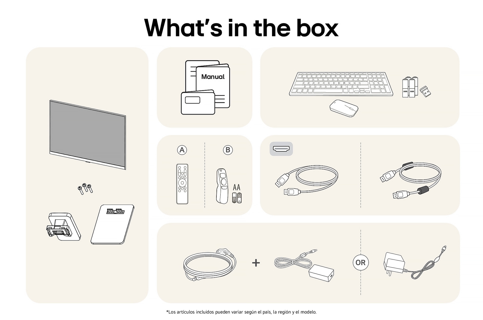 Todos los componentes incluidos con el LG Smart Monitor 27SR50F: Monitor, base, control Magic Remote, teclado, ratón, manual y cables de conexión.