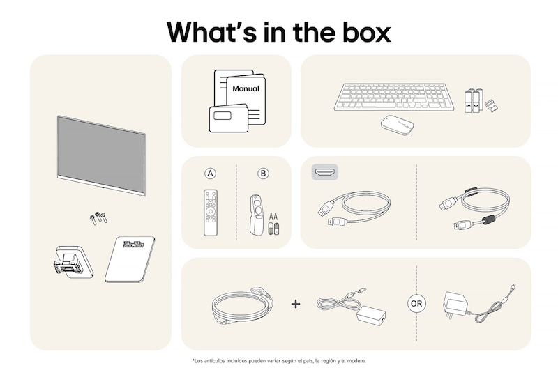Todos los componentes incluidos con el LG Smart Monitor 27SR50F: Monitor, base, control Magic Remote, teclado, ratón, manual y cables de conexión.