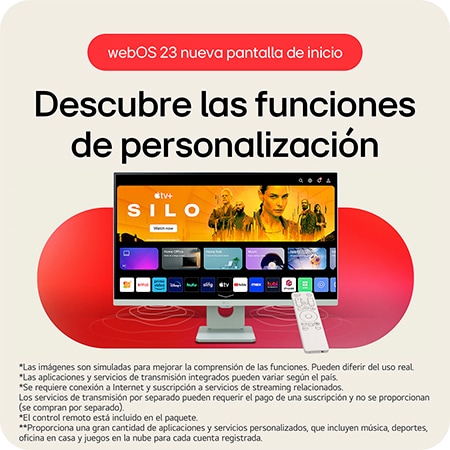 El LG Smart Monitor 27SR50F ejecutando la pantalla de inicio de webOS 23, con funciones de personalización para una fácil navegación de diversas aplicaciones y contenido de streaming.