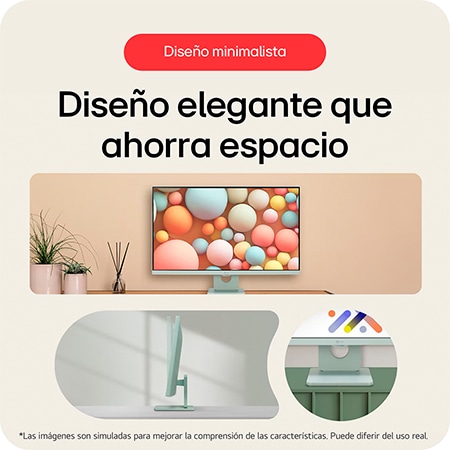 El diseño minimalista del LG Smart Monitor 27SR50F, con su base que ahorra espacio, exhibe un aspecto elegante adecuado para cualquier entorno.