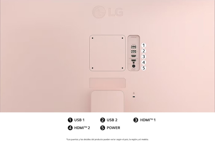Vista trasera del LG Smart Monitor 32SR50F-P en rosa, mostrando las ranuras de conexión, incluyendo los puertos HDMI™ duales y dos puertos USB.