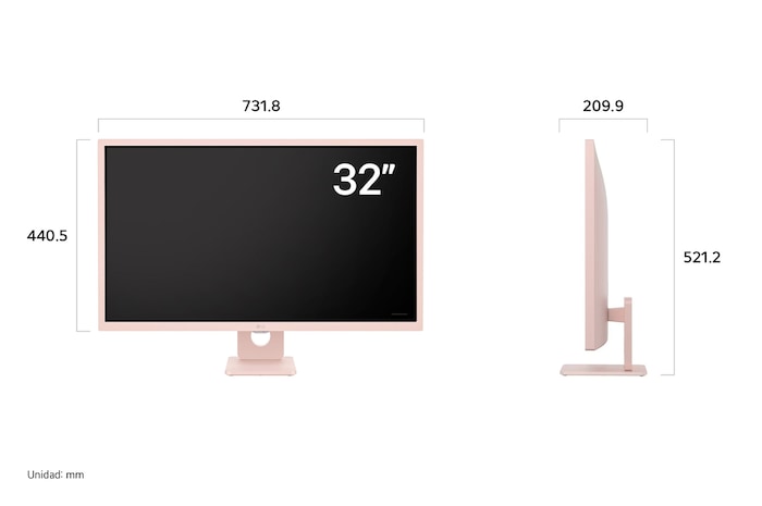 LG Smart Monitor 32SR50F-P mostrando las dimensiones en vista frontal y lateral, midiendo 731.8 mm de ancho, 440.5 mm de alto de pantalla, 521.2 mm de altura total y 209.9 mm de profundidad.