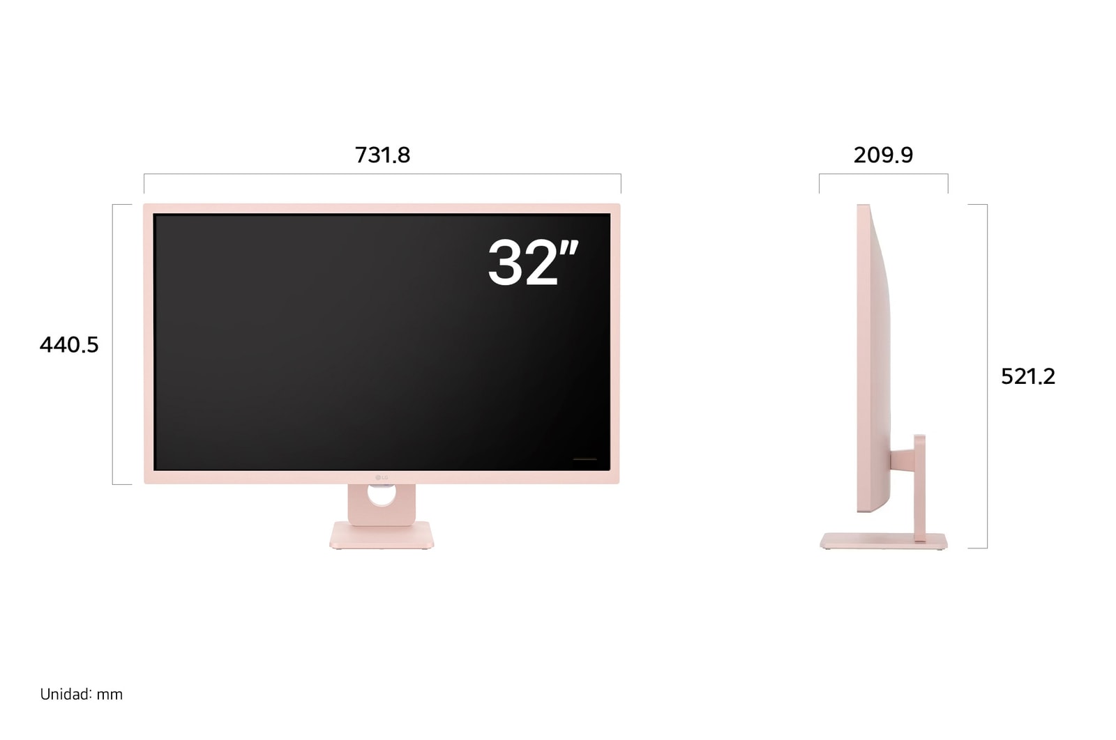 LG Smart Monitor 32SR50F-P mostrando las dimensiones en vista frontal y lateral, midiendo 731.8 mm de ancho, 440.5 mm de alto de pantalla, 521.2 mm de altura total y 209.9 mm de profundidad.