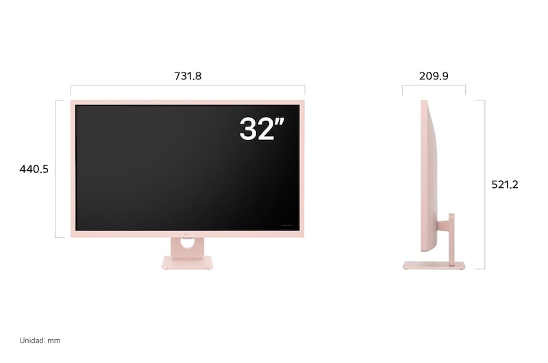 LG Smart Monitor 32SR50F-P mostrando las dimensiones en vista frontal y lateral, midiendo 731.8 mm de ancho, 440.5 mm de alto de pantalla, 521.2 mm de altura total y 209.9 mm de profundidad.