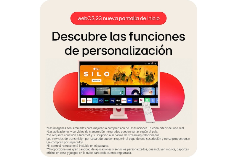 El LG Smart Monitor 32SR50F-P ejecutando la pantalla de inicio de webOS 23, con funciones de personalización para una fácil navegación de diversas aplicaciones y contenido de streaming.