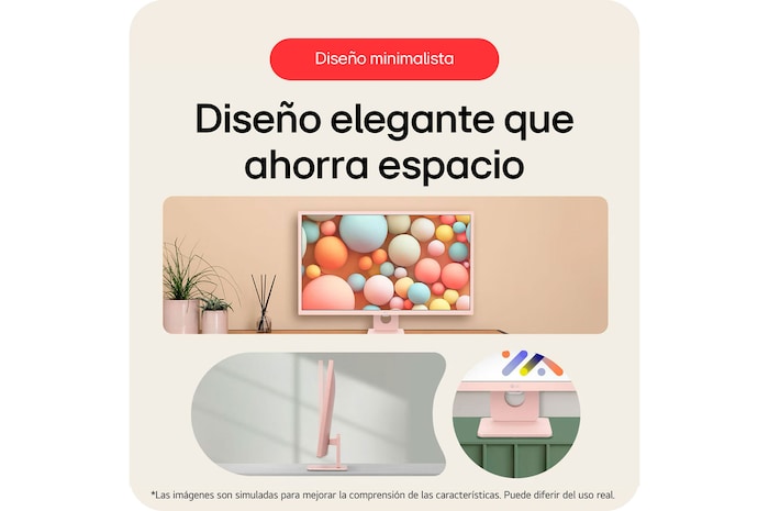 El diseño minimalista del LG Smart Monitor 32SR50F-P, con su base que ahorra espacio, exhibe un aspecto elegante adecuado para cualquier entorno.