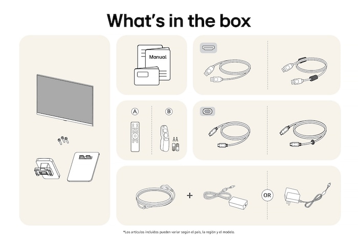 Todos los componentes incluidos con el LG Smart Monitor 32SR50F-P: Monitor, piezas de soporte, controles Magic Remote, manual y diversos cables de conexión.