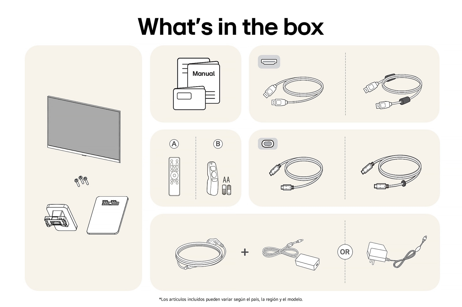 Todos los componentes incluidos con el LG Smart Monitor 32SR50F-P: Monitor, piezas de soporte, controles Magic Remote, manual y diversos cables de conexión.