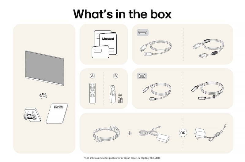 Todos los componentes incluidos con el LG Smart Monitor 32SR50F-P: Monitor, piezas de soporte, controles Magic Remote, manual y diversos cables de conexión.