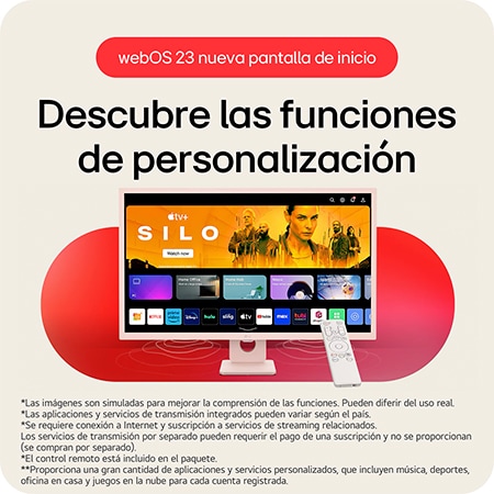  El LG Smart Monitor 32SR50F-P ejecutando la pantalla de inicio de webOS 23, con funciones de personalización para una fácil navegación de diversas aplicaciones y contenido de streaming.