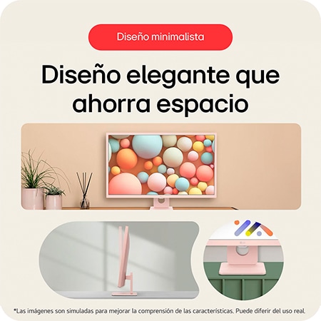 El diseño minimalista del LG Smart Monitor 32SR50F-P, con su base que ahorra espacio, exhibe un aspecto elegante adecuado para cualquier entorno.
