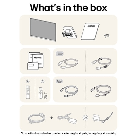 Todos los componentes incluidos con el LG Smart Monitor 32SR50F-P: Monitor, piezas de soporte, controles Magic Remote, manual y diversos cables de conexión.