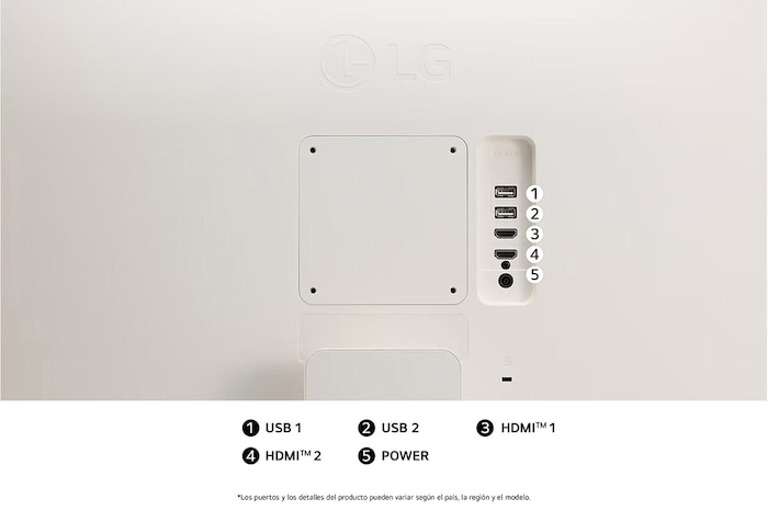 Vista trasera del Monitor LG 27U511SA en acabado blanco, mostrando puertos HDMI dobles y USB dobles para conectividad versátil.