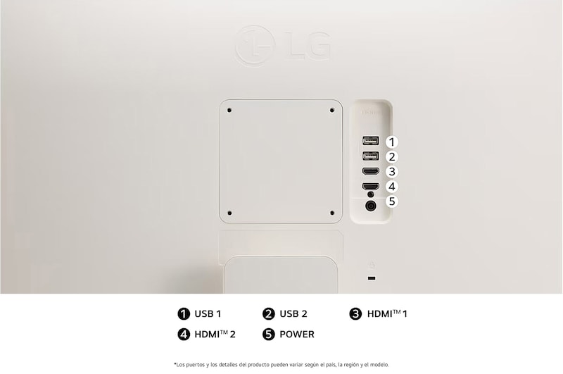 Vista trasera del Monitor LG 27U511SA en acabado blanco, mostrando puertos HDMI dobles y USB dobles para conectividad versátil.