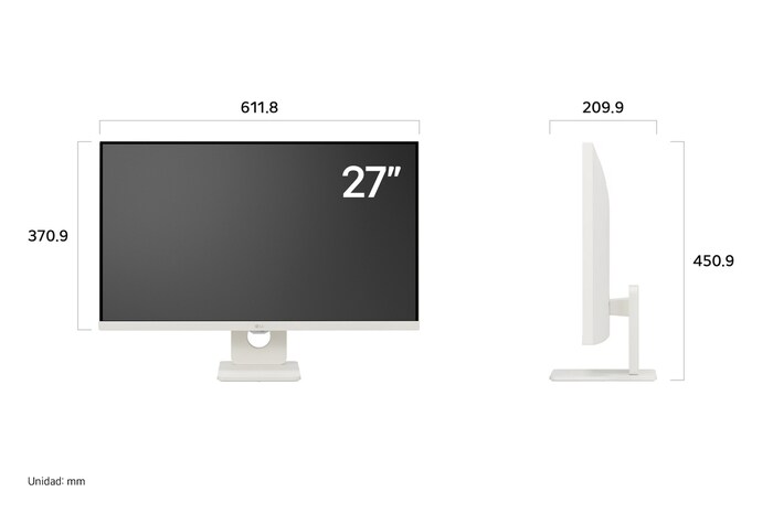 Monitor LG 27U511SA en acabado blanco mostrando las dimensiones, midiendo 611.8 mm de ancho, 370.9 mm de alto de pantalla, 450.9 mm de altura total and 209.9 mm de profundidad.