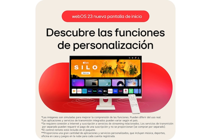Monitor Inteligente LG 27U511SA-W con interfaz webOS 23 New Home, que ofrece acceso personalizado a servicios de streaming y descubrimientos inteligentes, controlado por el control remoto incluido.