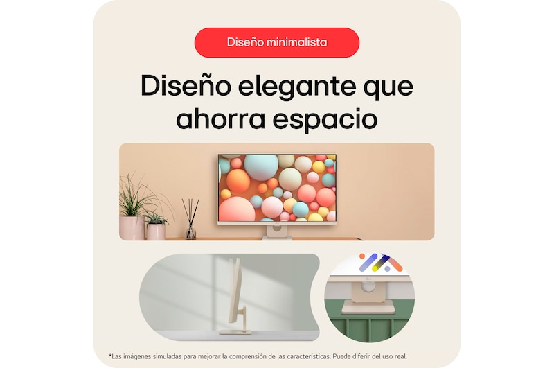 Monitor Inteligente LG 27U511SA-W con diseño simple, que presenta un diseño elegante y que ahorra espacio, con un perfil delgado en blanco ideal para espacios de trabajo modernos.