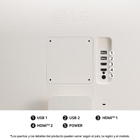 Vista trasera del Monitor LG 27U511SA en acabado blanco, mostrando puertos HDMI dobles y USB dobles para conectividad versátil.