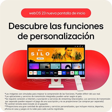 Monitor Inteligente LG 27U511SA-W con interfaz webOS 23 New Home, que ofrece acceso personalizado a servicios de streaming y descubrimientos inteligentes, controlado por el control remoto incluido.