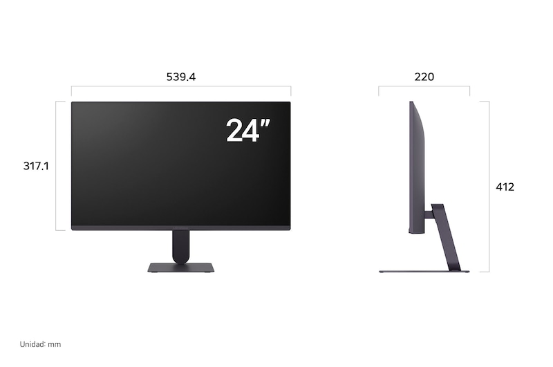 LG UltraGear™ Monitor 24G411A mostrando las dimensiones en vista frontal y lateral, midiendo 539.4 mm de ancho, 317.1 mm de alto de pantalla, 412 mm de altura total y 220 mm de profundidad.