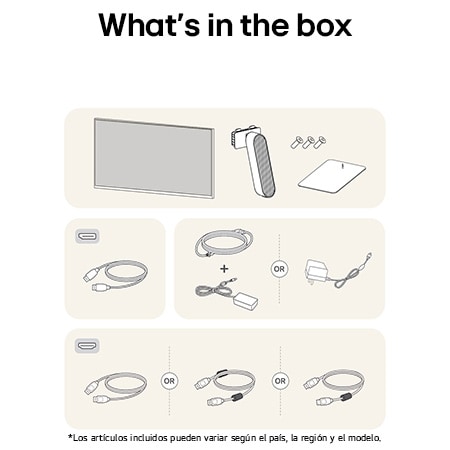 Todos los componentes incluidos con el LG UltraGear™ Monitor 27G411A: Monitor, piezas de soporte, manual, controlador de joystick y cables de conexión.