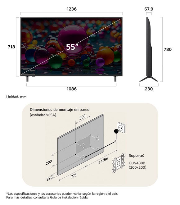¡Vista de dimensiones del LG UHD AI 4K UA75 55-inch, 1236×780×230 mm, panel 67.9 mm, VESA 300x200.