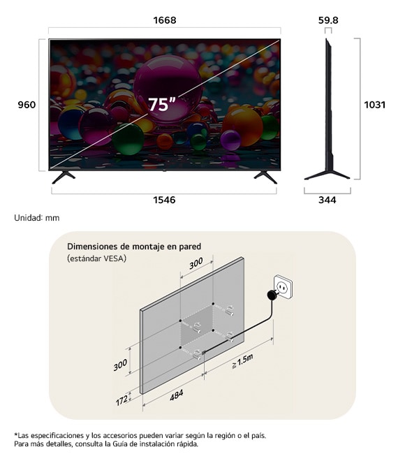 ¡Vista de dimensiones del LG UHD AI 4K UA75 75-inch, 1668×1031×344 mm, panel 59.8 mm, VESA 300x300.