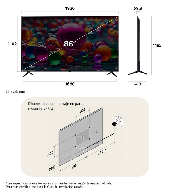 ¡Vista de dimensiones del LG UHD AI 4K UA75 86-inch, 1920×1182×413 mm, panel 59.8 mm, VESA 400x400.