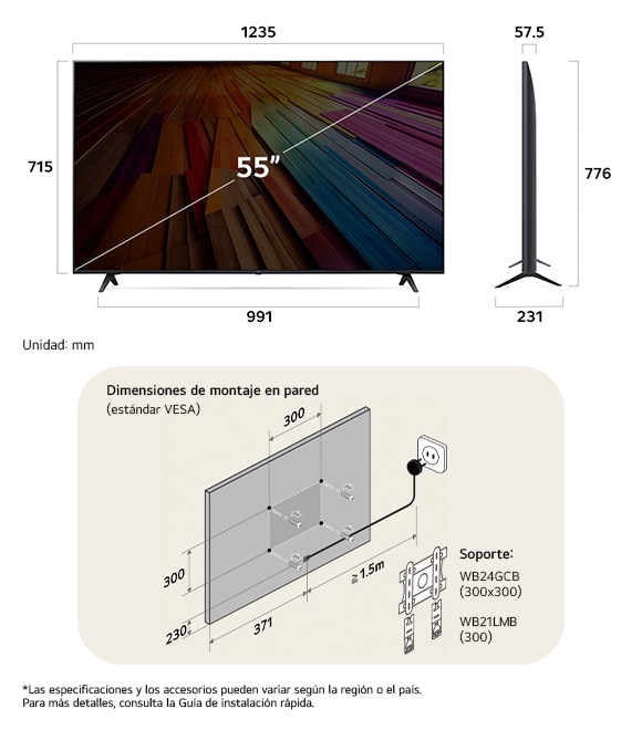 ¡Vista de dimensiones del LG UHD AI 4K UT80 55-inch, 1235×776×231 mm, panel 57.5 mm, VESA 300x300.