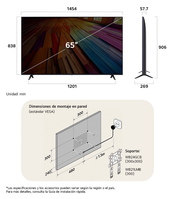 ¡Vista de dimensiones del LG UHD AI 4K UT80 65-inch, 1454×906×269 mm, panel 57.7 mm, VESA 300x300.
