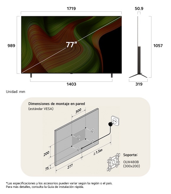 ¡Vista de dimensiones del LG OLED AI B5 4K 77-inch, 1719×1057×319 mm, panel 50.9 mm, VESA 300x200.